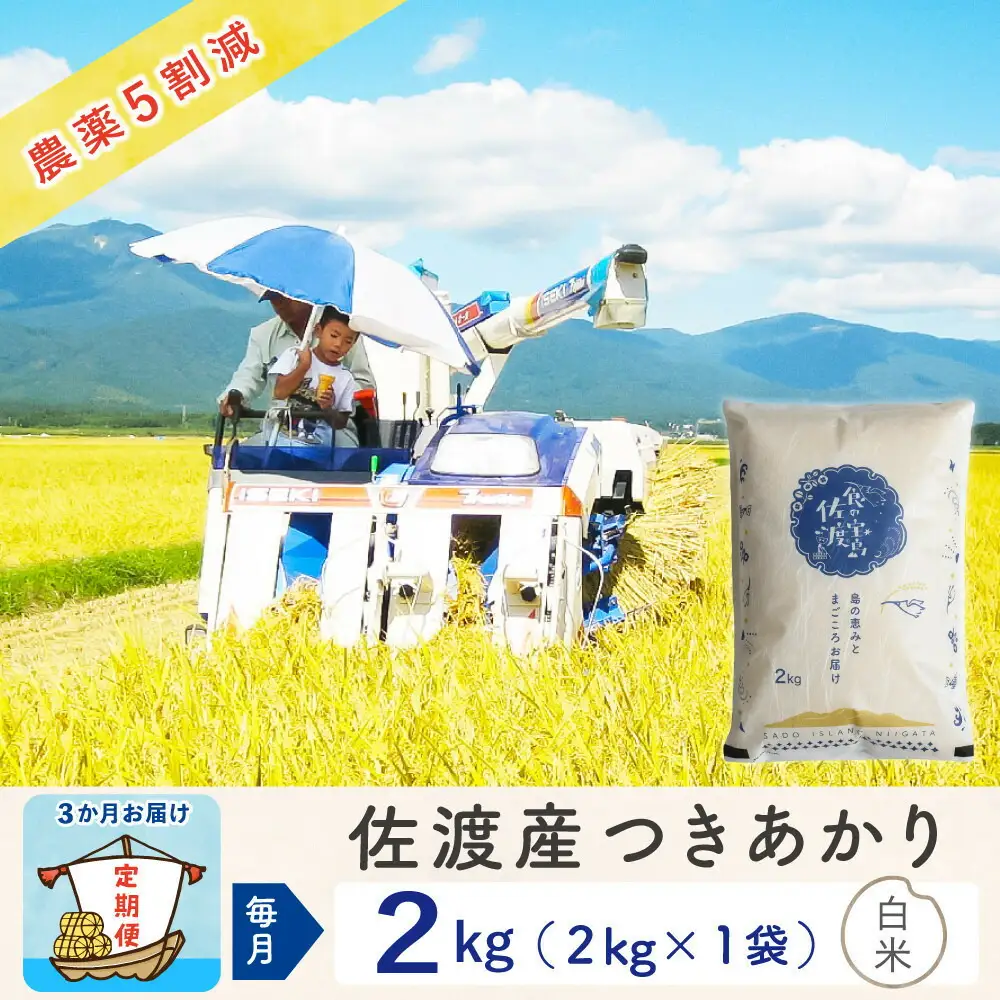 【令和8年産新米 3ヶ月】佐渡島産つきあかり 白米 2kg ～農薬5割減～