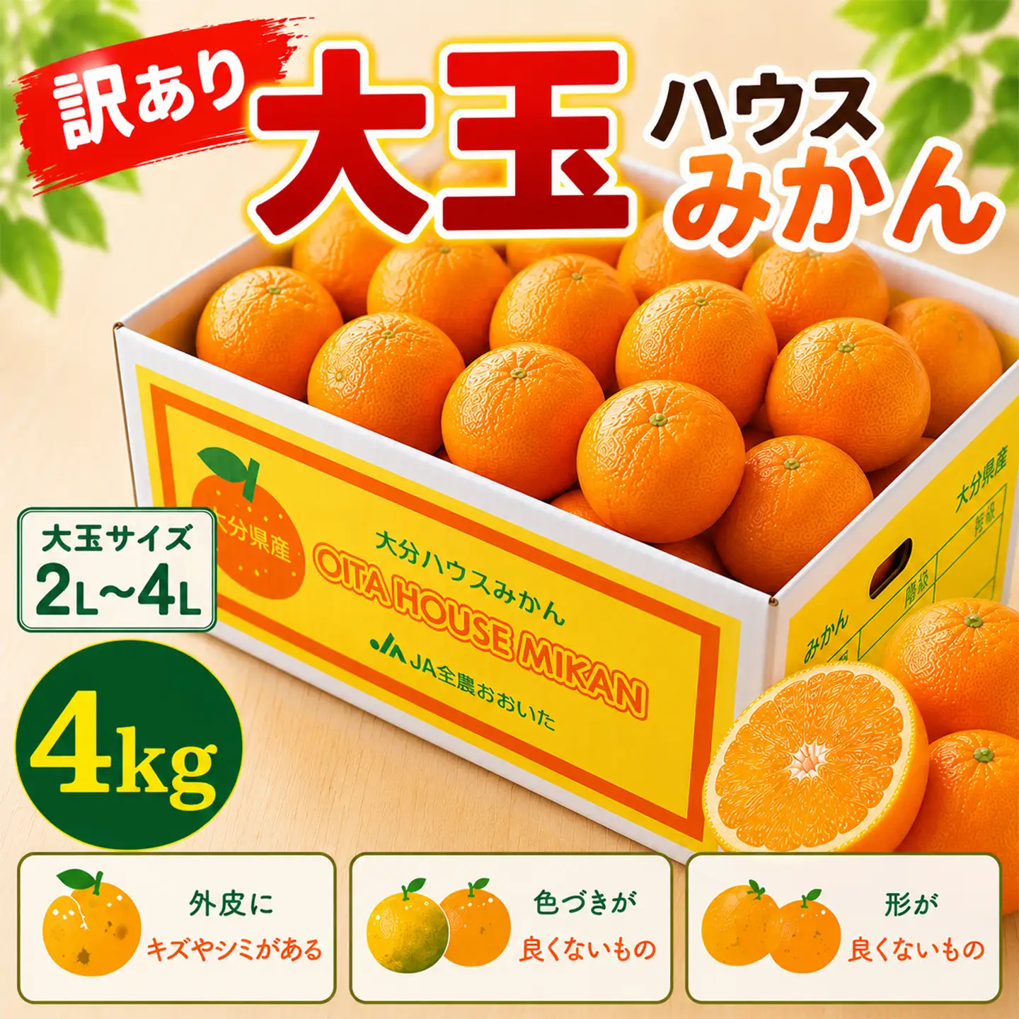 【訳あり・大玉】ハウスみかん 訳あり 4kgサイズ2L～4L混合 温室みかん ミカン ハウスミカン 温室ミカン 大分＜132-015＞ 