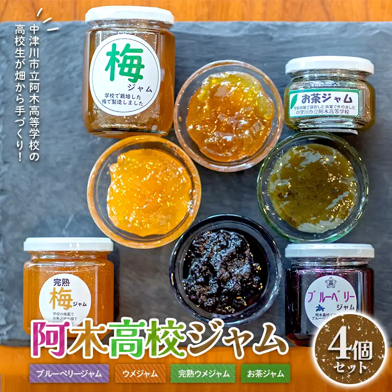 阿木高校ジャム4個セット (ブルーベリージャム・ウメジャム・完熟ウメジャム・お茶ジャム各1個) ブルーベリージャム ブルーベリー 梅ジャム ジャム 加工品 食品 F4N-2483