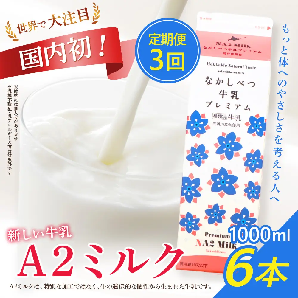 【定期便：全3回】なかしべつ牛乳プレミアム NA2 MILK 1000ml×6本【1405101】