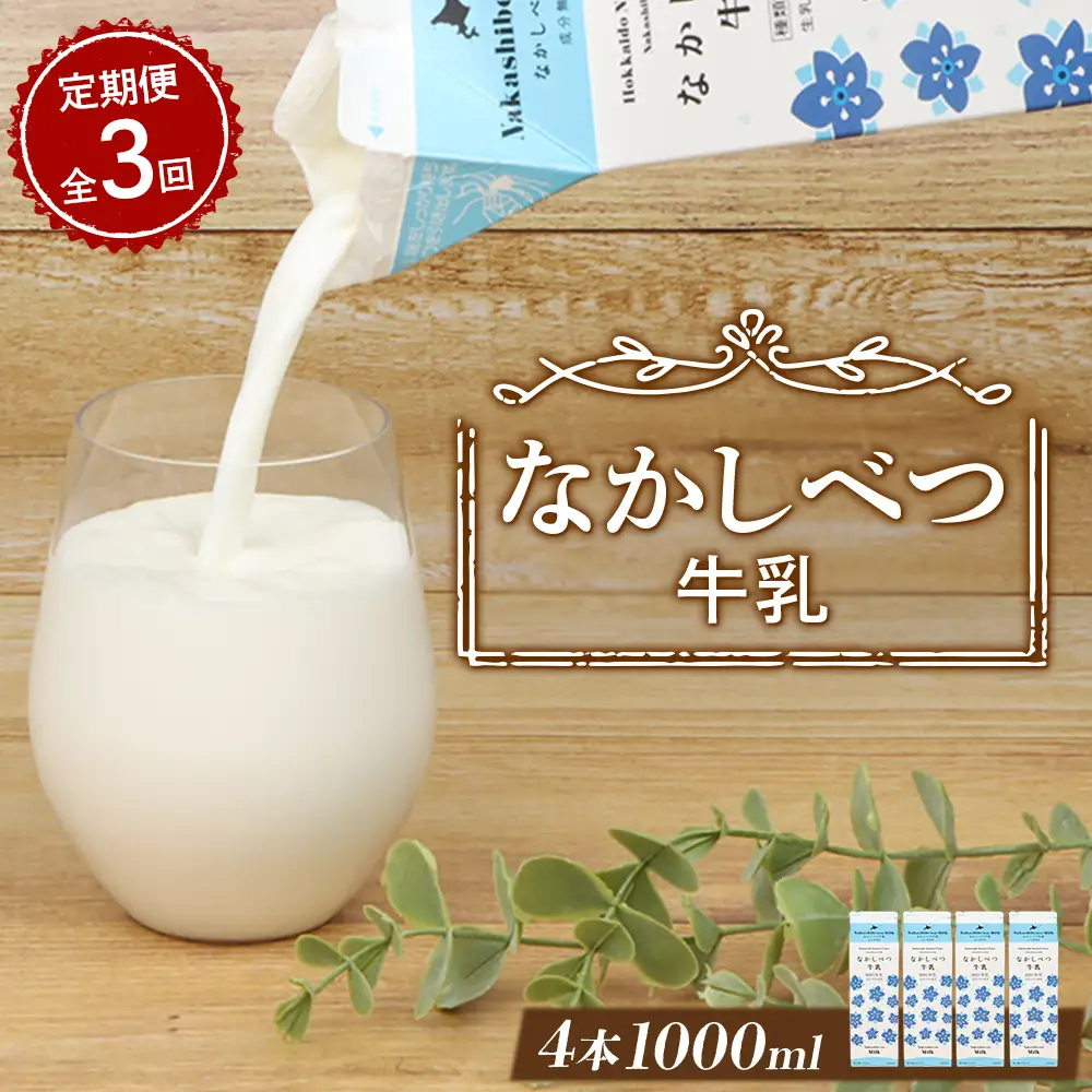 【定期便：全3回】北海道なかしべつ牛乳 1L×4本【1405801】