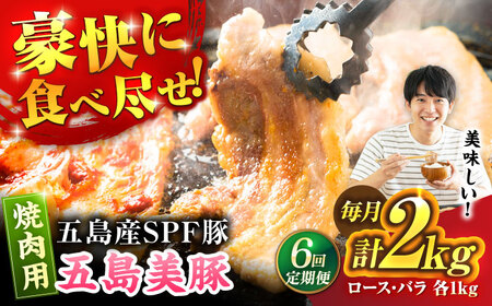 【6回定期便】五島美豚 焼肉2kg (ロース1kg/バラ1kg) 五島市/ごとう農業協同組合[PAF055]