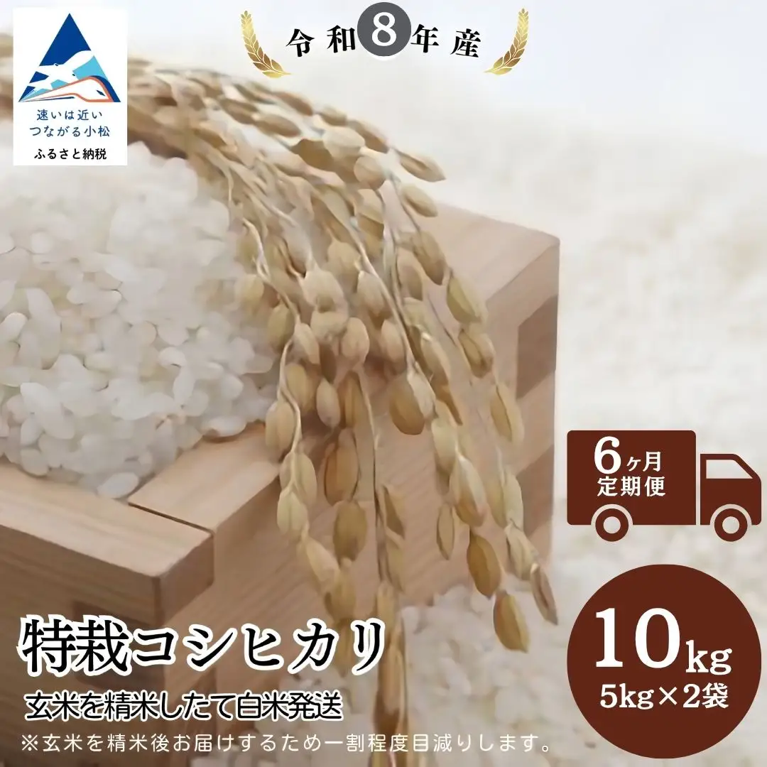 【6ヶ月定期便】令和8年産 特栽コシヒカリ 玄米10kg (5kg×2袋) 精米したて白米発送 のむら農産