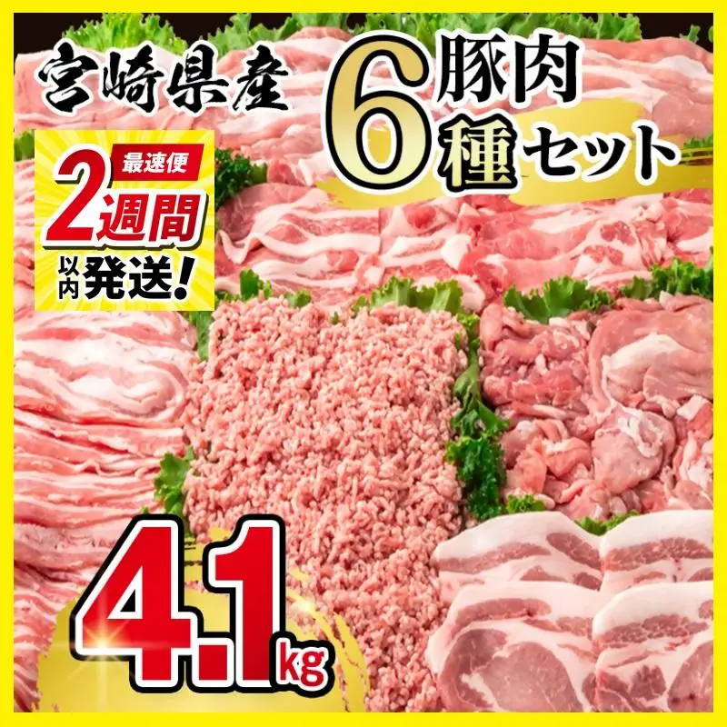 【2週間以内発送】宮崎県産豚肉 6種 バラエティ4.1kgセット＜58-41a＞小分け スライス 鍋 トンカツ 餃子等