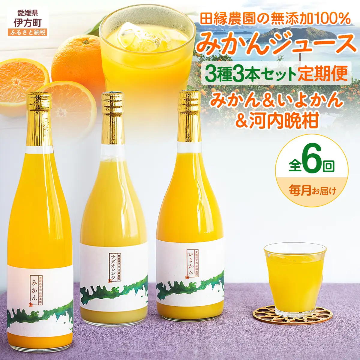 【6ヶ月定期便】田縁農園 3種みかんジュース（みかん いよかん 河内晩柑）セット 全6回 IKTA050
