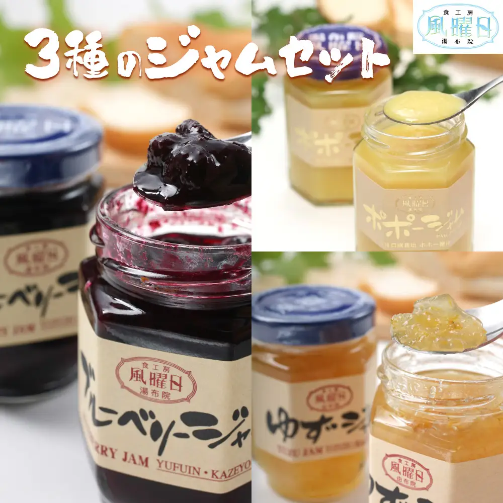 【食工房　風曜日】3種のジャムセット（ポポー、ゆず、ブルーベリー）