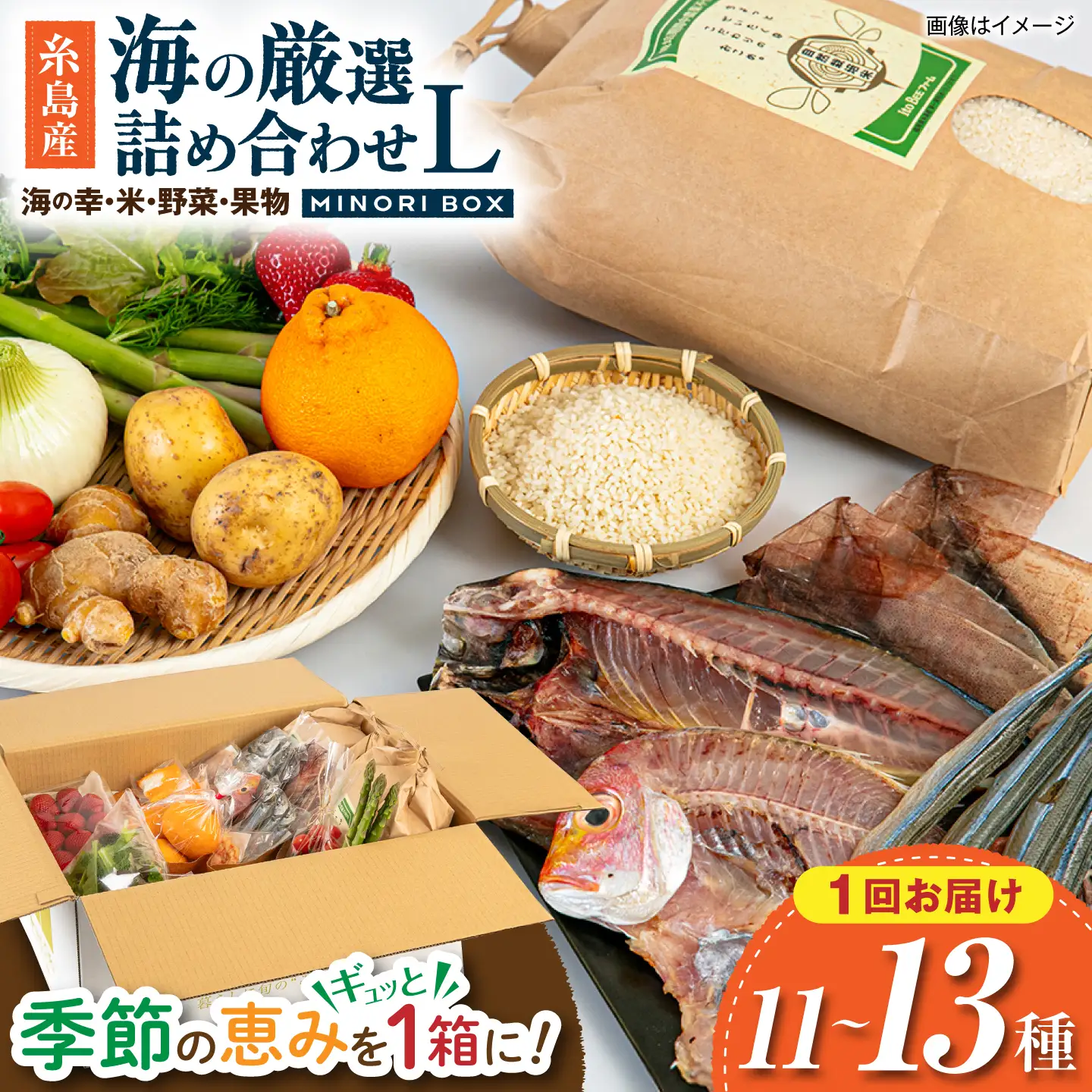 糸島産 魚 米 野菜 果物 厳選詰め合わせ MINORI BOX Lサイズ 糸島市 / emma.Inc / 米 魚 野菜 果物 詰め合わせ[AOP027]