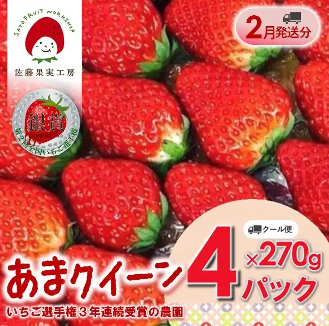 《2027年産先行予約》「西脇市産 佐藤果実工房 あまクイーン」（約270g×４パック 約1080g）【佐藤果実工房 全国いちご選手権3年連続上位入賞農園 TVで紹介!】令和９年２月上旬配送分　sato-A-4-2-early