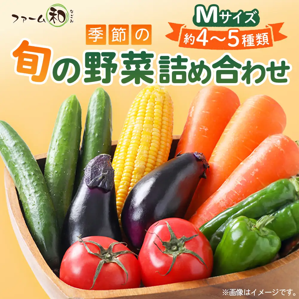 季節の野菜つめ合わせ【Mサイズ】　「ファーム和」 ／ 旬野菜 野菜セット 詰め合わせ 新鮮野菜 産地直送 おまかせ野菜 季節野菜 エコ農法 減農薬野菜 家庭用野菜 国産野菜 食べ比べ 料理好き サラダ野菜 夏野菜 山里育ち 旬食材 ファミリー向け 山口県 No.032