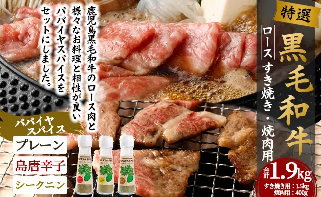 特選 鹿児島黒毛和牛 すき焼き 焼肉 パパイヤスパイス ３種セット Z-10 黒毛和牛 和牛 すき焼き 焼き肉 肉 牛 パパイヤ