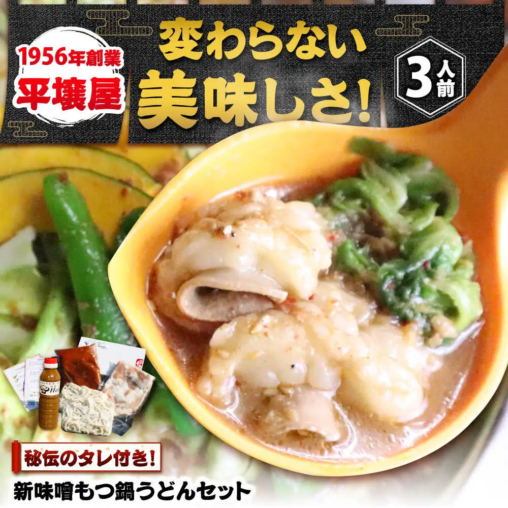 【全国放送されました】 新味噌もつ鍋うどんセット 野菜無し 3人前 追加たれ付き 吉富町/焼肉・もつ鍋平壌屋[BGBU005]