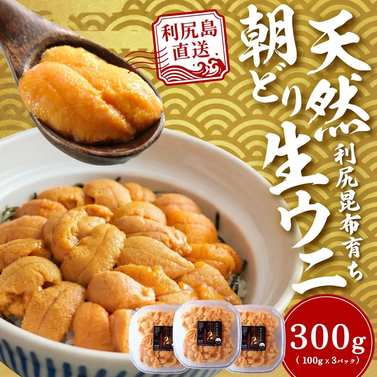 【2027年発送受付】利尻島産「浜直」塩水生うに300g (100g×3) 天然キタムラサキウニ【6~8月発送分】 [1090031]