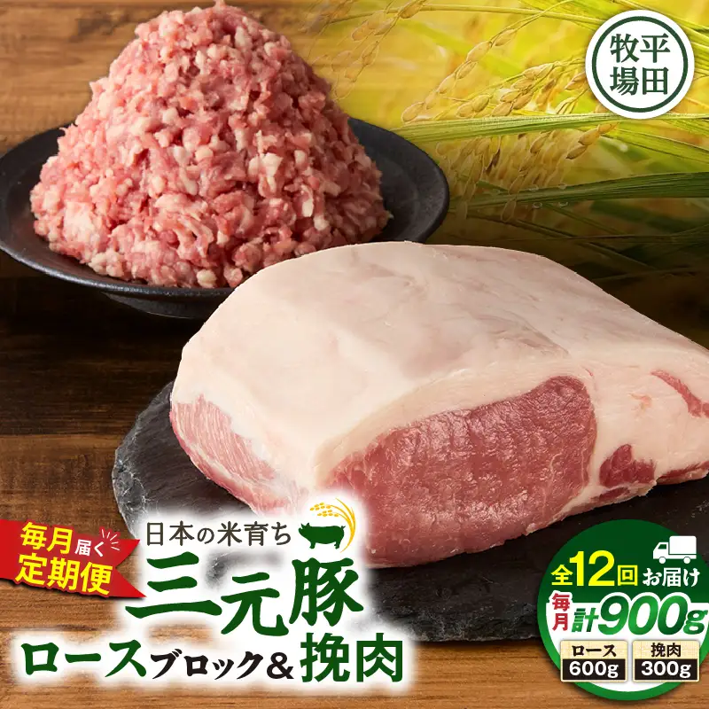 【 全12回 毎月 定期便 】 日本 の 米育ち 平田牧場 三元豚ロース ブロック 600g ・ 三元豚挽肉 300g T036-T13-03 肉 豚肉