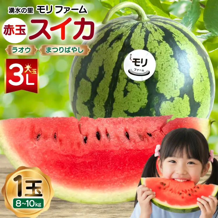 AJ455 【令和9年度出荷分】 湧水の里 モリファーム 赤玉 スイカ ラオウ まつりばやし 3L 8～10kg 1玉
