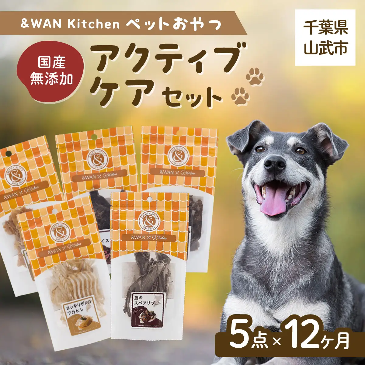 【毎月届く】＆WAN Kitchenペットおやつセット（アクティブケアセット）（鹿スペアリブ/鹿レバー/猪レバー/サメ軟骨/サメフカヒレ） SMU023