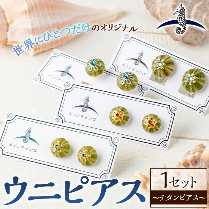 海アクセサリー ウニチタンピアス (1セット) アクセサリー ピアス チタンピアス ハンドメイド 手作り 耳飾り ギフト プレゼント 贈り物 雲丹 うに ウニ殻 1点もの オリジナル 数量限定 【タツノオトシゴ】as50-002