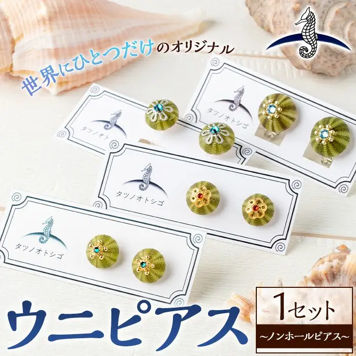 海アクセサリー ウニノンホールピアス (1セット) アクセサリー ピアス ノンホールピアス ハンドメイド 手作り 耳飾り ギフト プレゼント 贈り物 雲丹 うに ウニ殻 1点もの オリジナル 数量限定 【タツノオトシゴ】as50-004