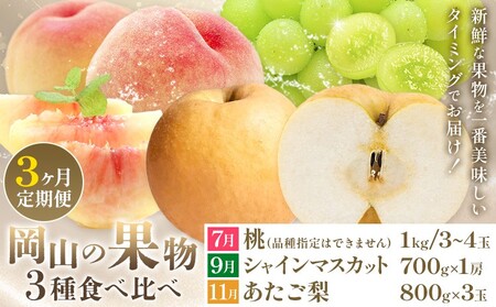 【2027年発送】【定期便】岡山の果物　3種食べ比べ 3回発送（令和9年7月中旬～11月下旬頃発送）【果物】