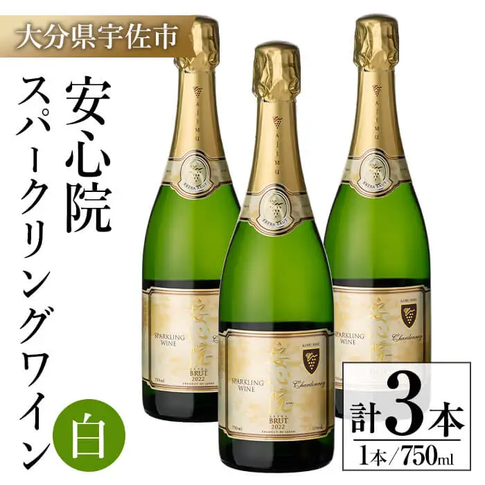 安心院スパークリングワイン白(750ml×3本) 酒 お酒 ワイン 白ワイン アルコール 飲料 ぶどう 葡萄 ギフト 贈り物【104304800】【山添産業】