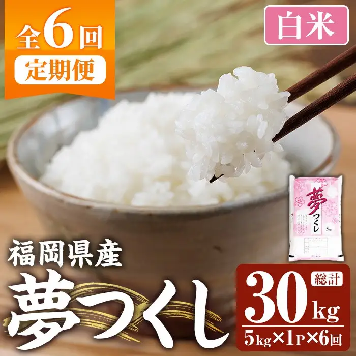 ≪令和8年産≫【6回定期便・白米】【食味鑑定士厳選】福岡県産 夢つくし(総計30kg・5kg×1袋×6回) 白米 米 お米 おこめ ごはん ゆめつくし ご飯 常温 福岡県産 ブランド米 定期便 定期 頒布会 常温 常温保存 【ファインリョーコク】as34-016