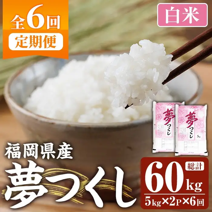 ≪令和8年産≫【6回定期便・白米】【食味鑑定士厳選】福岡県産 夢つくし(総計60kg・5kg×2袋×6回) 白米 米 お米 おこめ ごはん ゆめつくし ご飯 常温 福岡県産 ブランド米 定期便 定期 頒布会 常温 常温保存 【ファインリョーコク】as34-017