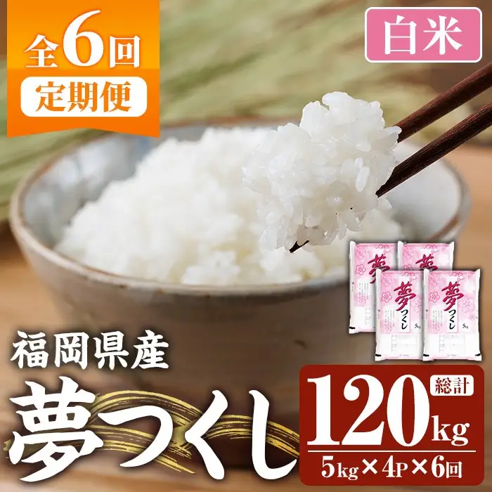 ≪令和8年産≫【6回定期便・白米】【食味鑑定士厳選】福岡県産 夢つくし(総計120kg・5kg×4袋×6回) 白米 米 お米 おこめ ごはん ゆめつくし ご飯 常温 福岡県産 ブランド米 定期便 定期 頒布会 常温 常温保存 【ファインリョーコク】as34-019