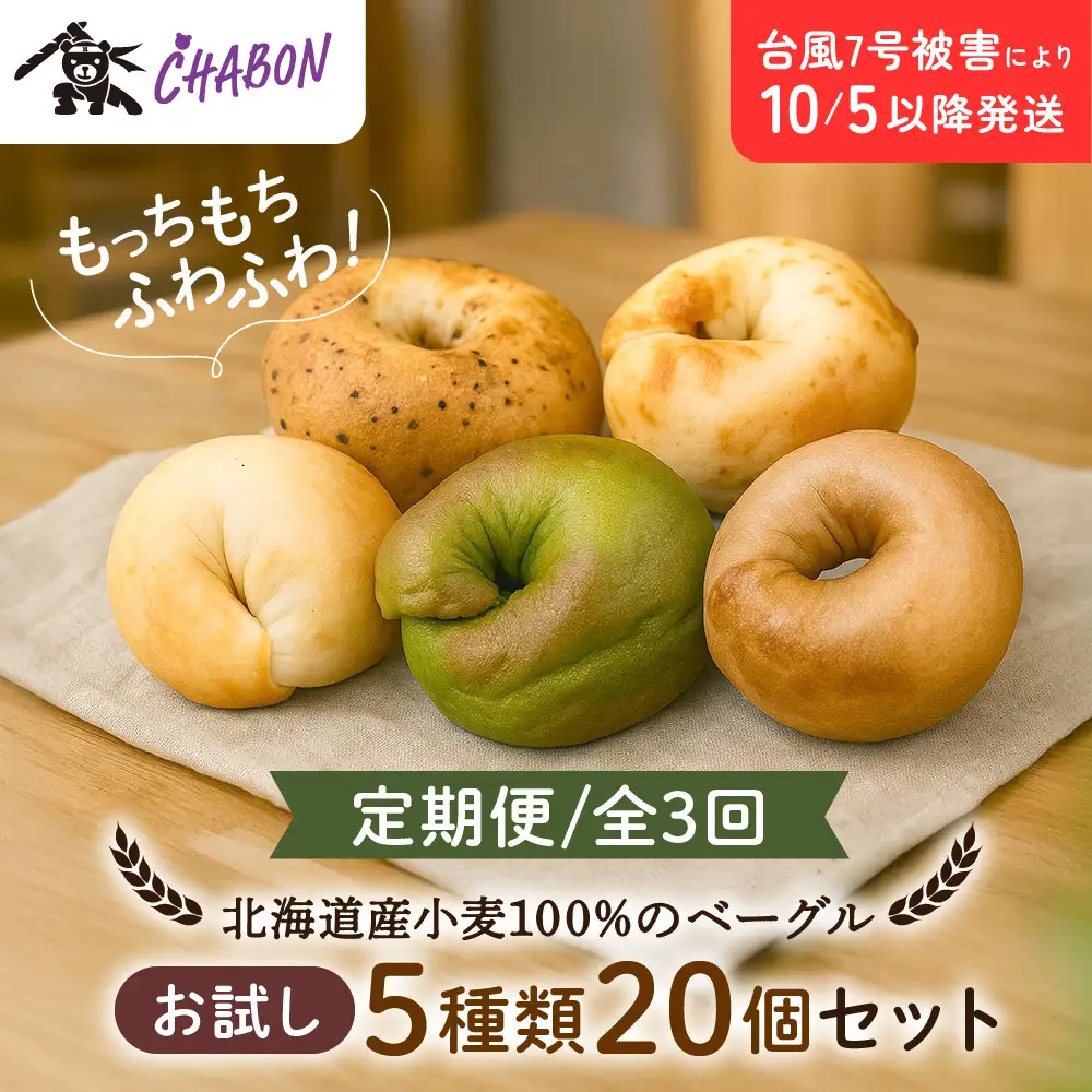 ＜3ヶ月定期便＞【CHABON】ベーグル お試し5種20個｜ 京都 人気 パンパンパンパン