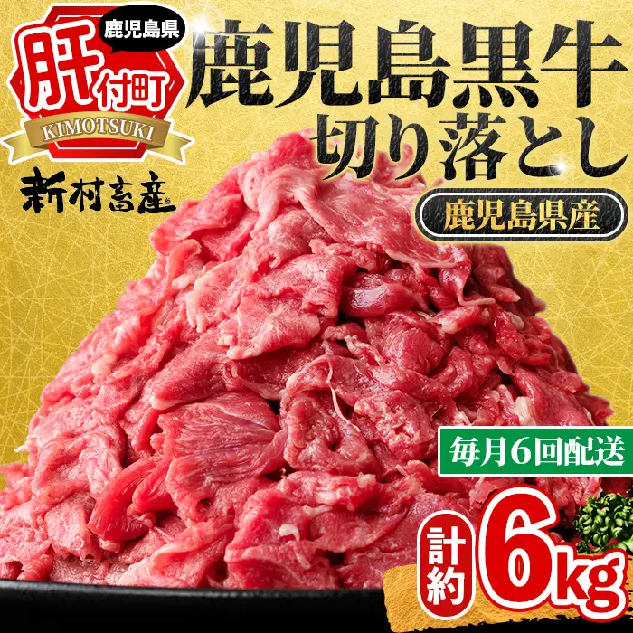 【E01010】＜定期便・全6回・連続月＞鹿児島黒牛 切り落とし(計約6kg・約500g×2P×6回) 鹿児島 国産 九州産 鹿児島県産 黒毛和牛 国産牛 牛肉 切り落し 切落とし 切落し お肉 冷凍 小分け すきやき すき焼き 牛すき 牛丼 カレー 肉じゃが 炒め物 【新村畜産】