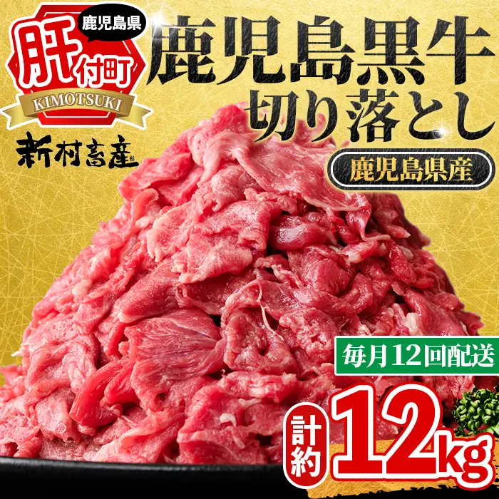 【F01001】＜定期便・全12回・連続月＞鹿児島黒牛 切り落とし(計約12kg・約500g×2P×12回) 鹿児島 国産 九州産 鹿児島県産 黒毛和牛 国産牛 牛肉 切り落し 切落とし 切落し お肉 冷凍 小分け すきやき すき焼き 牛すき 牛丼 カレー 肉じゃが 炒め物 【新村畜産】