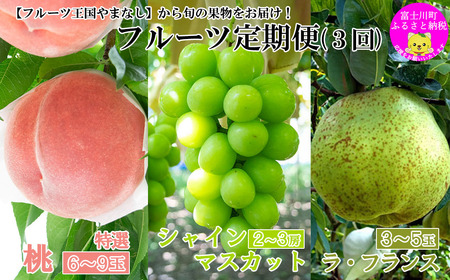 【2027年発送分】【やまなしフルーツ定期便（３回）】 桃【特選】（３kg・６-９玉）＆シャインマスカット（２kg前後・３-４房）＆ラ・フランス（1.5kg以上・３-５玉）　定期便　果物 フルーツ くだもの もも シャイン 洋ナシ 洋梨 洋なし 山梨 やまなし 富士川町