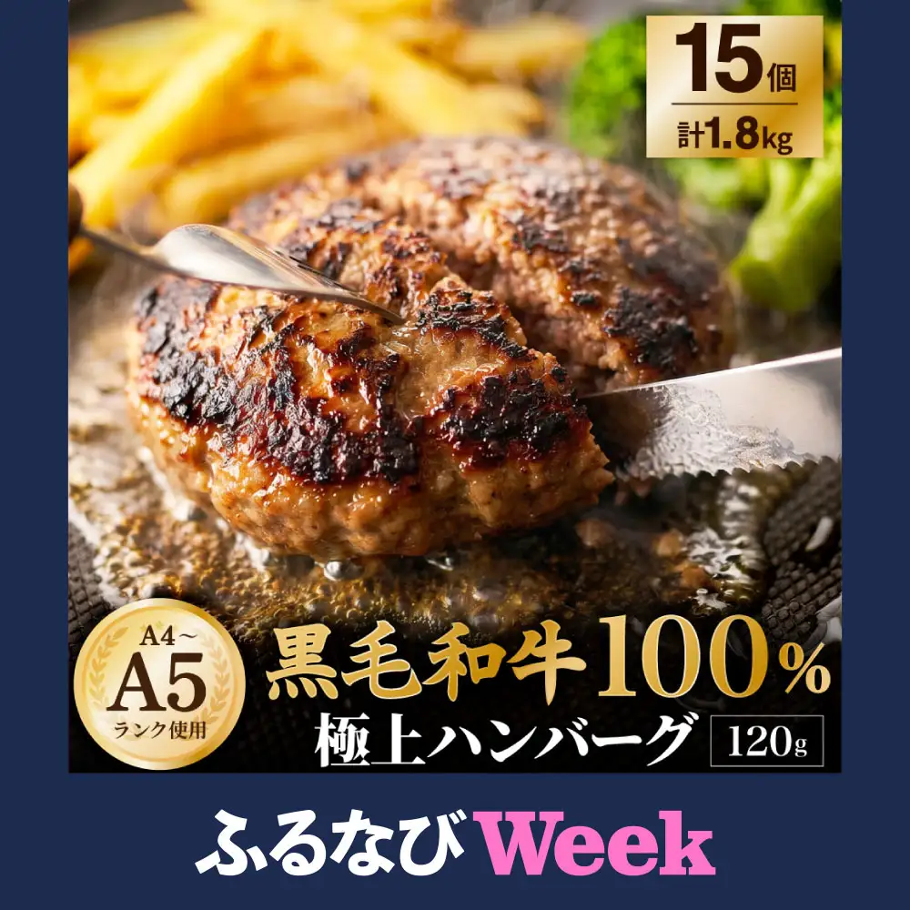 【ふるなびWEEK対象】【A4～A5ランクの黒毛和牛100%】 ハンバーグ 120g×15個 （計1.8kg） ／ 黒毛和牛 黒毛和種 和牛 国産牛 牛肉 お肉 肉 大阪府 阪南市 冷凍