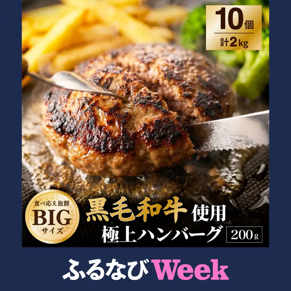 【ふるなびWEEK対象】黒毛和牛使用！ 200gのBIG手作りハンバーグ 200g×10個 （計2kg） ／ ハンバーグ 黒毛和牛 黒毛和種 和牛 国産牛 牛肉 お肉 肉 大阪府 阪南市 冷凍