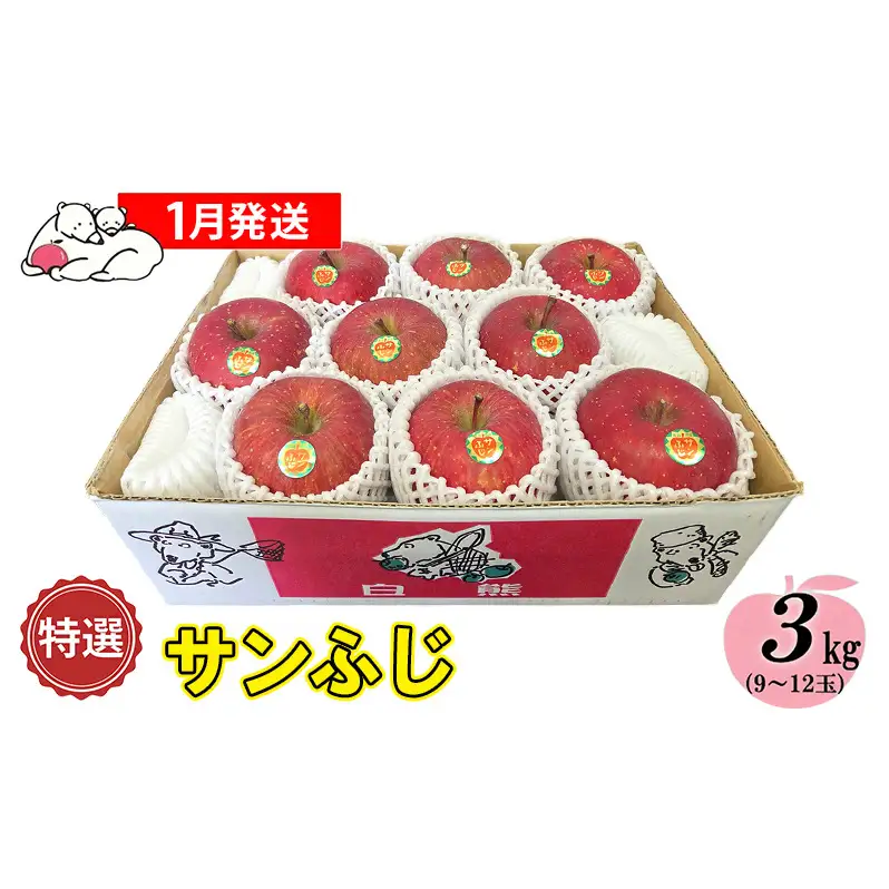 【1月発送】白熊 特選 サンふじ 絆 約3kg 糖度13度【青森りんご 果物 フルーツ 食後 デザート シャキシャキ ジューシー りんごの王様 】
