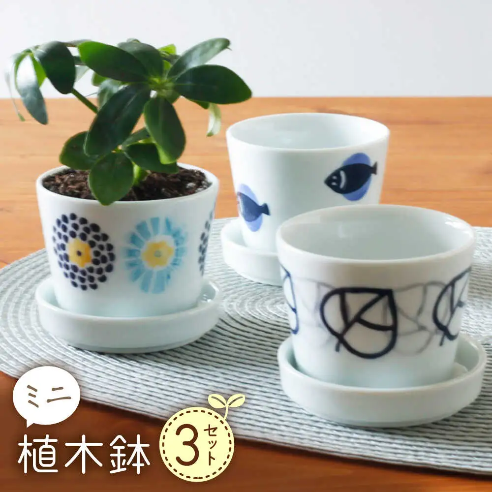 【波佐見焼】 ミニ植木鉢 丸紋菊・二色葉・フィッシュ 3柄セット 【Cheer house】[AC291]