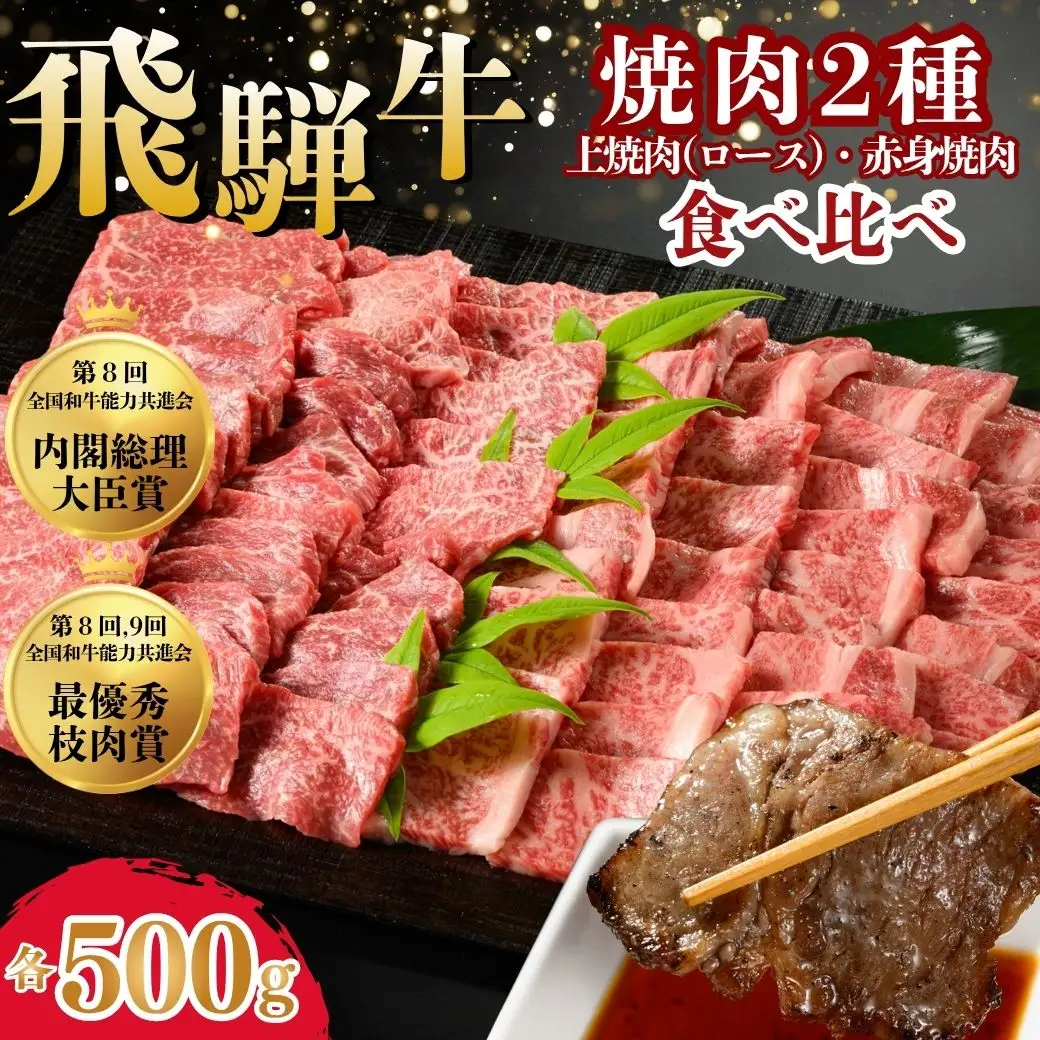 飛騨牛　焼肉2種食べ比べ （上焼肉（ロース）500g、赤身焼肉500g） ※離島への配送不可