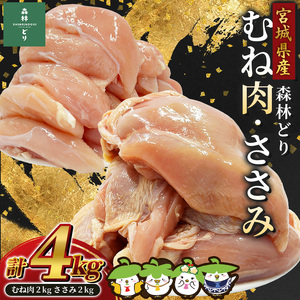 宮城県産森林どり むね肉・ささみ (各2kg・計4kg) / 鶏肉 肉 銘柄鶏 ブランド鶏 国産鶏肉【wellfam2】