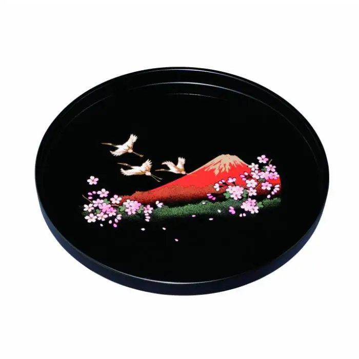 丸盆 30cm 黒 一富士二鶴三桜 ［YG463］