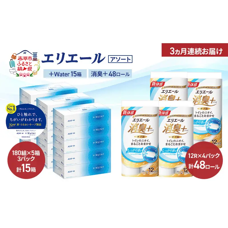 【定期便 3ヵ月連続お届け】エリエール 〈アソート〉 ＋Water 15箱 消臭＋ 48ロール トイレットペーパー ティッシュ トイレ ボックスティッシュ まとめ買い ペーパー 紙 防災 常備品 備蓄品 消耗品 備蓄 日用品