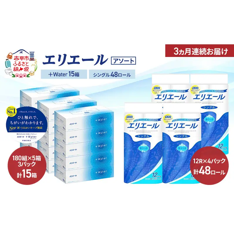 【定期便 3ヵ月連続お届け】エリエール 〈アソート〉 ＋Water 15箱 シングル 55m 48ロール トイレットペーパー ティッシュ トイレ ボックスティッシュ まとめ買い ペーパー 紙 防災 常備品 備蓄品 消耗品 日用品