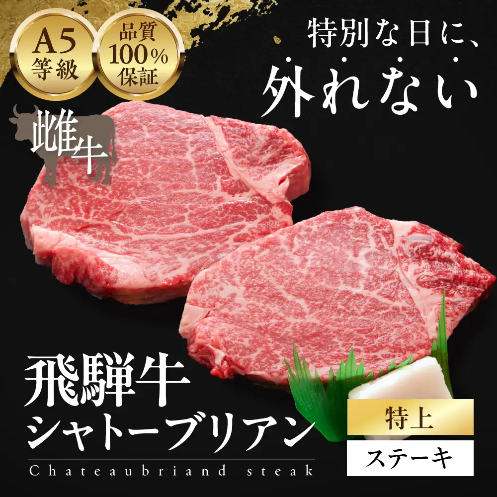 ≪品質100%保証≫　A5等級飛騨牛 特上シャトーブリアンステーキ 450g（150g×3)　|シャトーブリアン  