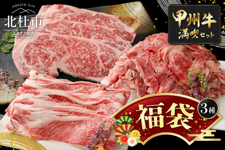 【福袋】甲州牛 満喫詰め合わせ Bセット　黒毛和牛 サーロイン ステーキ 1枚 250g すき焼き用 300g 切り落とし 300g 品質ランク A4以上 牛肉 肉 和牛 贅沢 バーベキュー ミート池田 山梨県 北杜市 [h021]