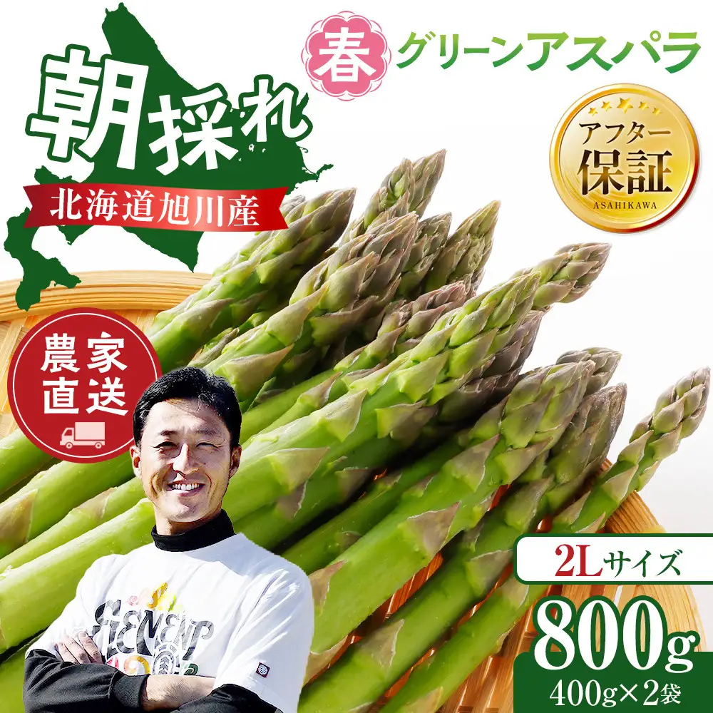 【2027年先行予約】農家直送 朝採れ 春グリーンアスパラ 2Lサイズ 800g(400g×2袋)  【野菜 アスパラガス 旬 新鮮 先行予約 アスパラガス あすぱらがす asparagus ASPARAGUS 北海道 旭川市 】_05934