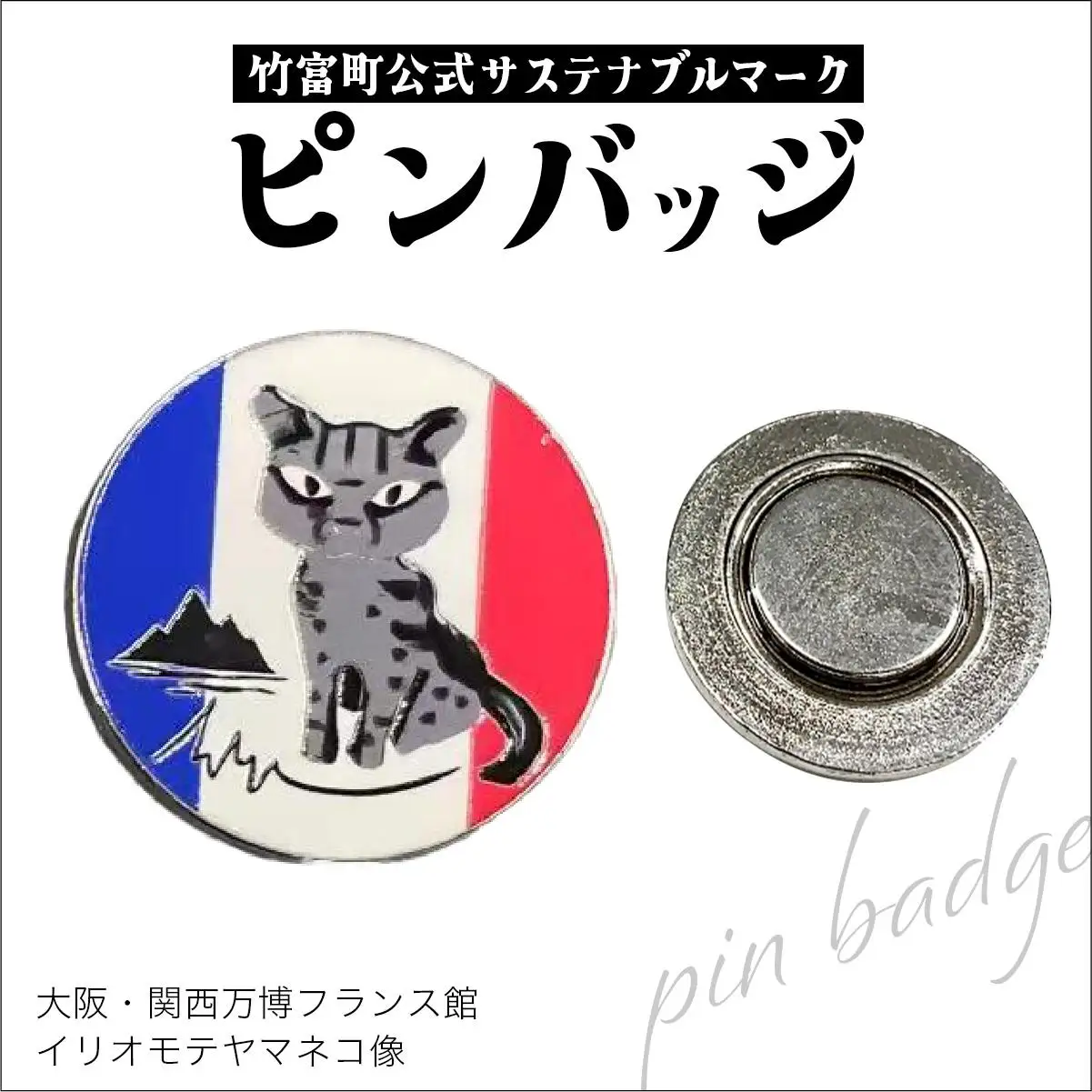 【ふるさと納税限定カラー】竹富町公式サステナブルマークピンバッジ【フランス】（マグネットタイプ）｜大阪・関西万博フランス館イリオモテヤマネコ像