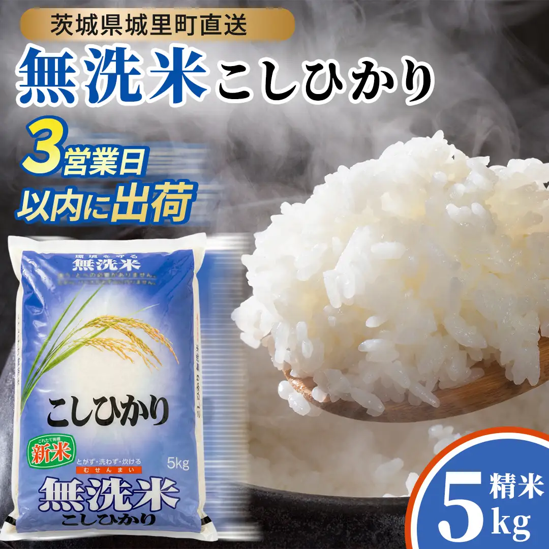 コシヒカリ 無洗米 5kg 令和7年産 スピード出荷 最短3〜7営業日出荷 即納 最短発送 時短 洗わず炊ける 一人暮らし 単身赴任 キャンプ アウトドア 精米 米 コメ こめ 単一米 茨城県 城里町産  (AX015)