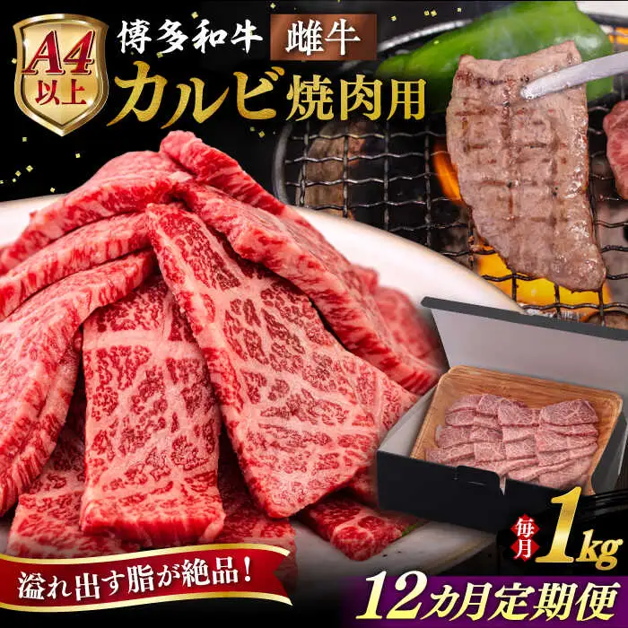 【全12回定期便】【A4/A5等級】博多和牛 カルビ 焼肉用 1kg 糸島市 / ヒサダヤフーズ 黒毛和牛 牛肉 焼き肉 雌牛[AIA107]
