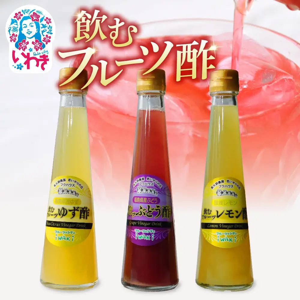 フクハウス飲むフルーツ酢3本Dセット | フクハウス 飲むフルーツ酢 福島産 ゆず酢 レモン酢 ぶどう酢 りんご酢 健康ドリンク 美容 ダイエット 福島フルーツ 甘酸っぱい ギフト プレゼント | OF001-3-D
