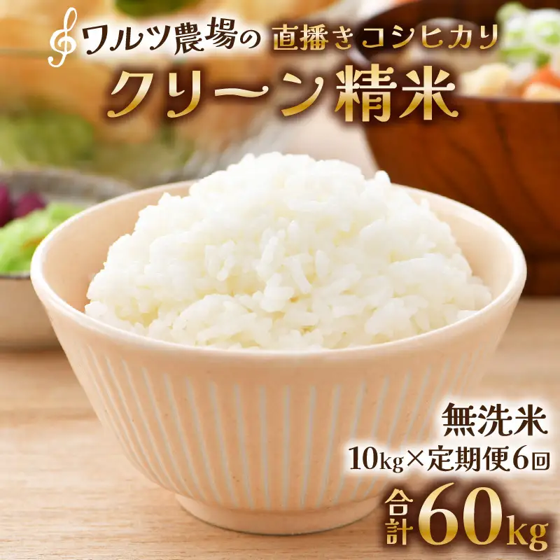 【先行予約】【令和8年産 新米】定期便《6ヶ月連続お届け》ワルツ農場の直播き コシヒカリ クリーン精米（無洗米）10kg×6回 計60kg / お米 ご飯 白米 発送直前 精米 つや 艶 甘味 旨み あわら市産 福井県産 慣行栽培 コメ 北陸 福井県 あわら市 こしひかり ※2026年11月上旬以降発送予定 [aw046-k002]