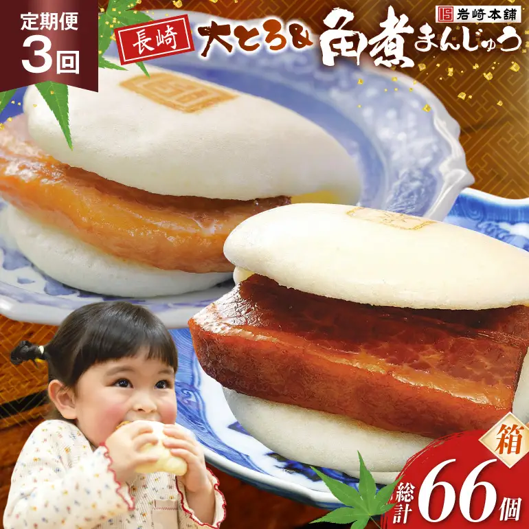 BJ083 岩崎本舗 【3回定期便】長崎角煮まんじゅう 12個入・大とろ角煮まんじゅう 10個入 (箱)