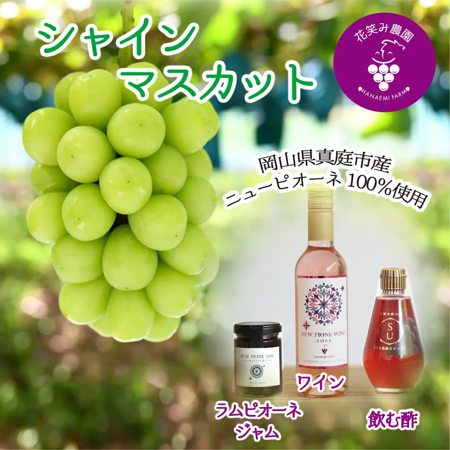 【2026年先行予約】花笑み農園 岡山の『シャイン&ラムピオーネジャム&ピオーネワイン&飲む酢』S-JWN 【hana089-01】