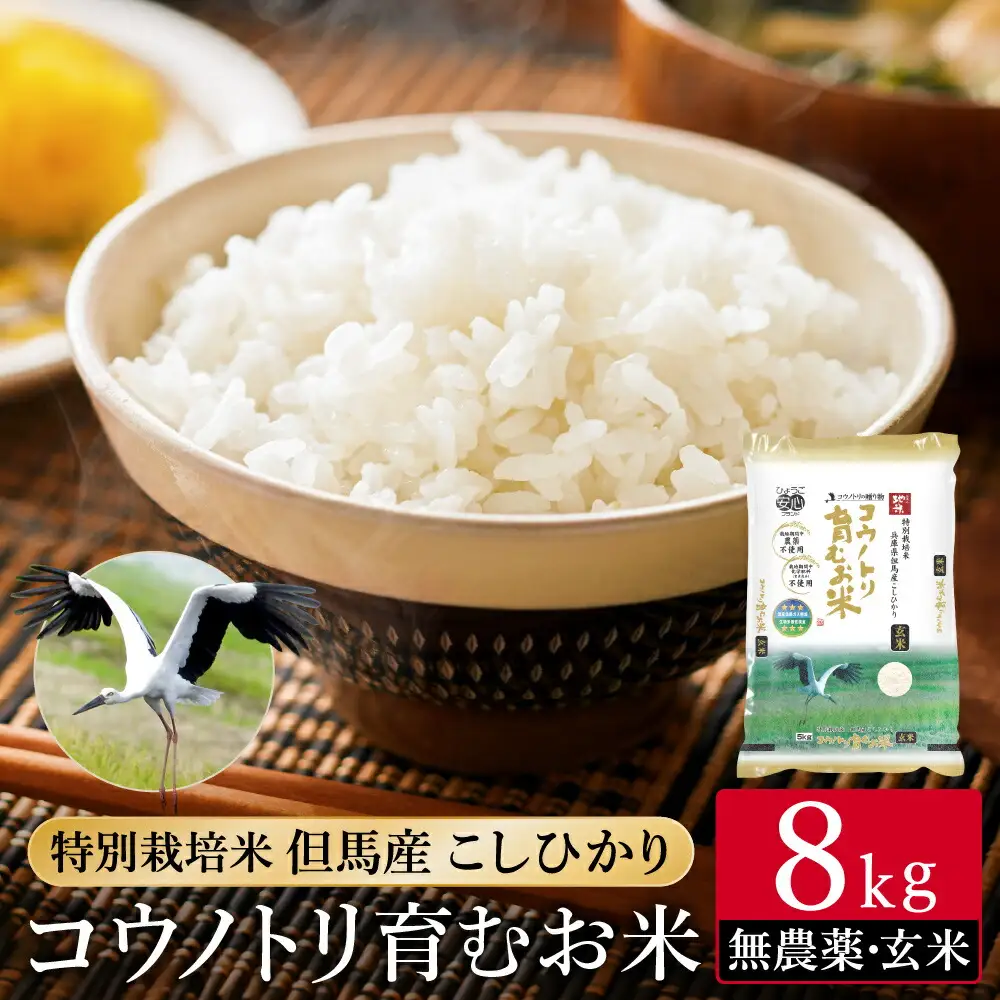 令和7年産 無農薬 玄米 8kg コウノトリ育むお米 但馬産 こしひかり 兵庫県産 (2kg×4袋) 無農薬 お米 8キロ 玄米 コウノトリ米 コシヒカリ 農薬不使用 特別栽培米 予約 コメ こめ ご飯 ライス 無農薬米